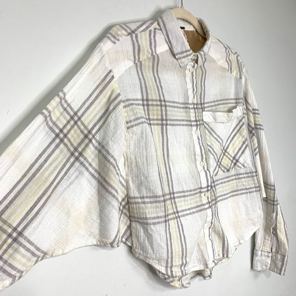 FREE PEOPLE Cutie Ivory Plaid Batwing Button Front Shirt Sz S - Picture 6 of 10
